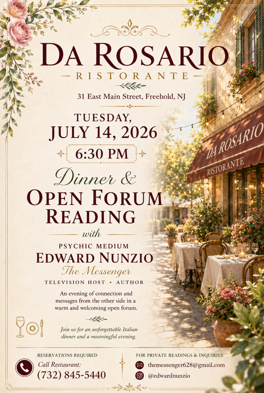 da rosario dinner and open forum reading july 14th 2026 specials